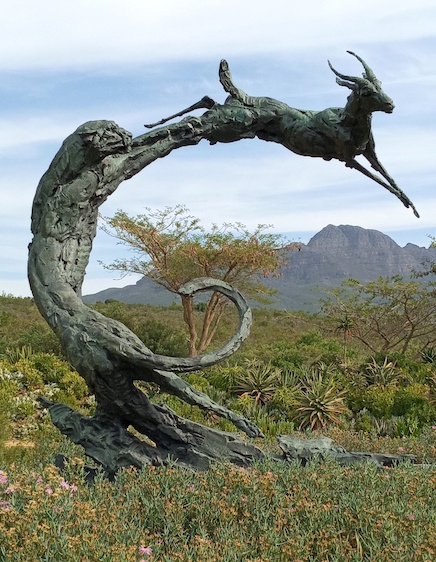 Leopard and antelope in flight, Lewis, bronze