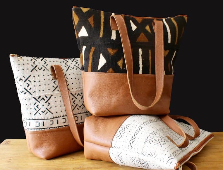 leather and bogolan cloth handbags