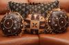 Giant Kuba Cloth Pillow and Vintage Leather Round Pillows