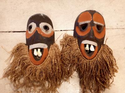 Kenyan made tribal ritual masks hand carved from hardwood. Designed to resemble human faces.Used as wall decor for home, hotel or office.