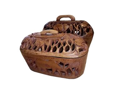 Carved Olive Bowl with Lid vintage African bowl made from olive wood by skilled Kenyan artisans. The bowl is carefully hand carved into intricate safari inspired patterns