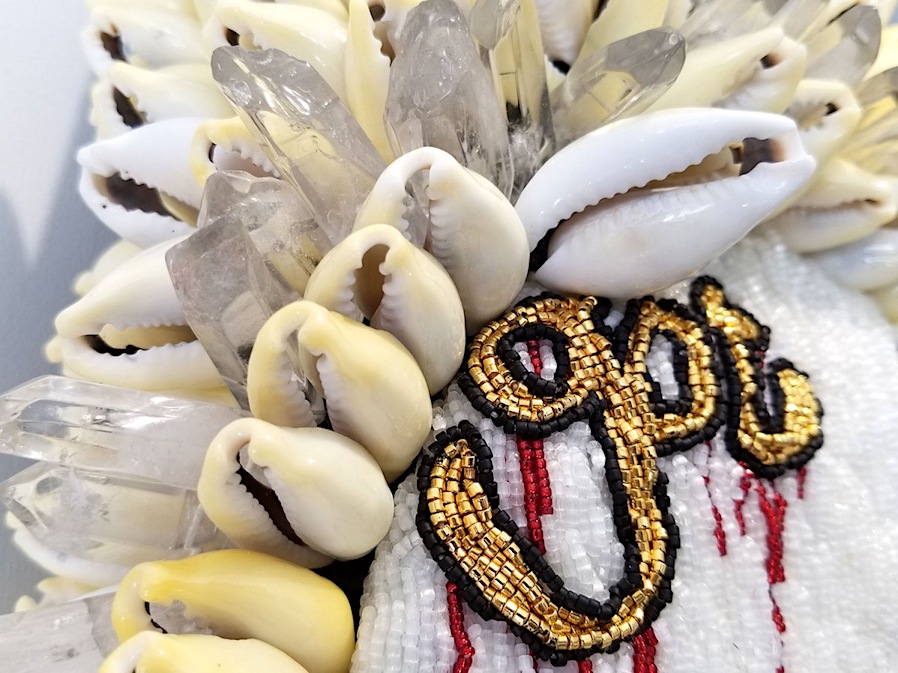 'Everlast' gloves, cowrie shells, thread, glass seed beads, chain