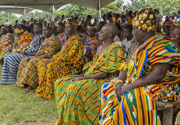Chiefs of the Agotime Traditional Area wearing silk, cotton or rayon Kente cloth