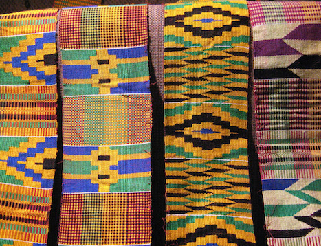 hanging kente strips ready to be sewn together