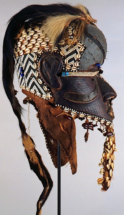 Exceptional Kuba mask, wood, raffia, skin, beads, cowries