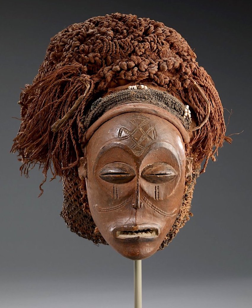 Chokwe Mask, 1920-1930, Wood, vegetable fiber, glass beads, metal