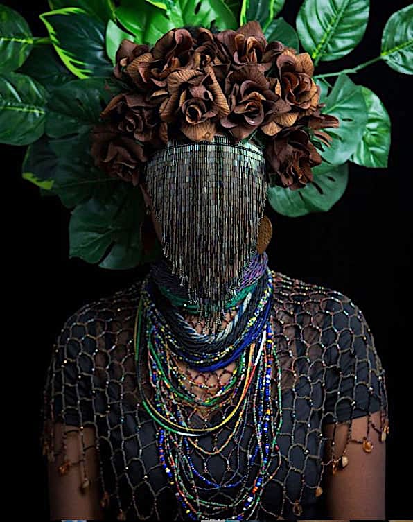 In her Shango mask series, Ta Meu uses imagery that comes from a lineage of Nigerian folklore